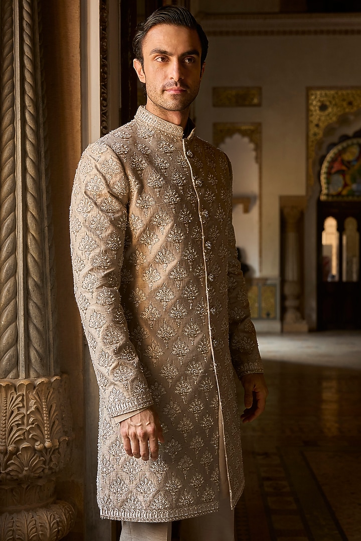 Ash Grey Raw Silk Thread Embroidered Groom Sherwani Set by Seema Gujral Men at Pernia's Pop Up Shop