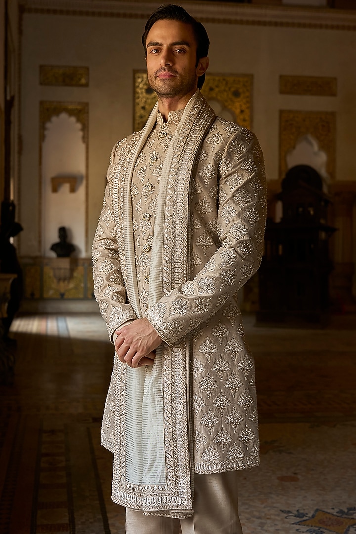 Ash Grey Raw Silk Thread Embroidered Groom Sherwani Set by Seema Gujral Men at Pernia's Pop Up Shop