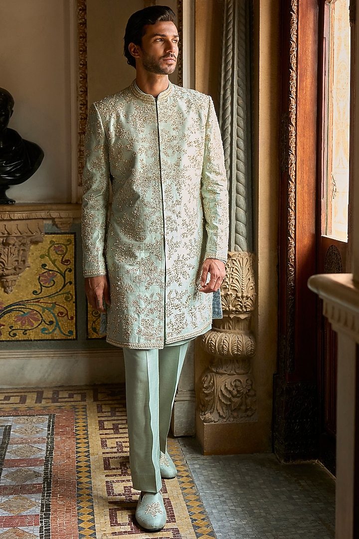 Sage Green Raw Silk Sequins Embroidered Groom Sherwani Set by Seema Gujral Men at Pernia's Pop Up Shop