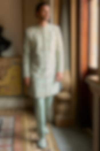 Sage Green Raw Silk Sequins Embroidered Groom Sherwani Set by Seema Gujral Men at Pernia's Pop Up Shop