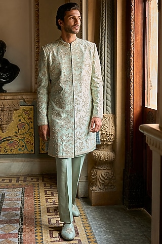 Sage Green Raw Silk Sequins Embroidered Sherwani Set by Seema Gujral Men