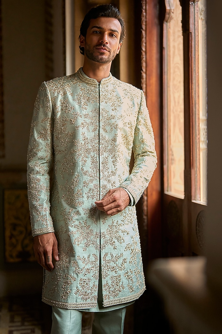 Sage Green Raw Silk Sequins Embroidered Groom Sherwani Set by Seema Gujral Men at Pernia's Pop Up Shop