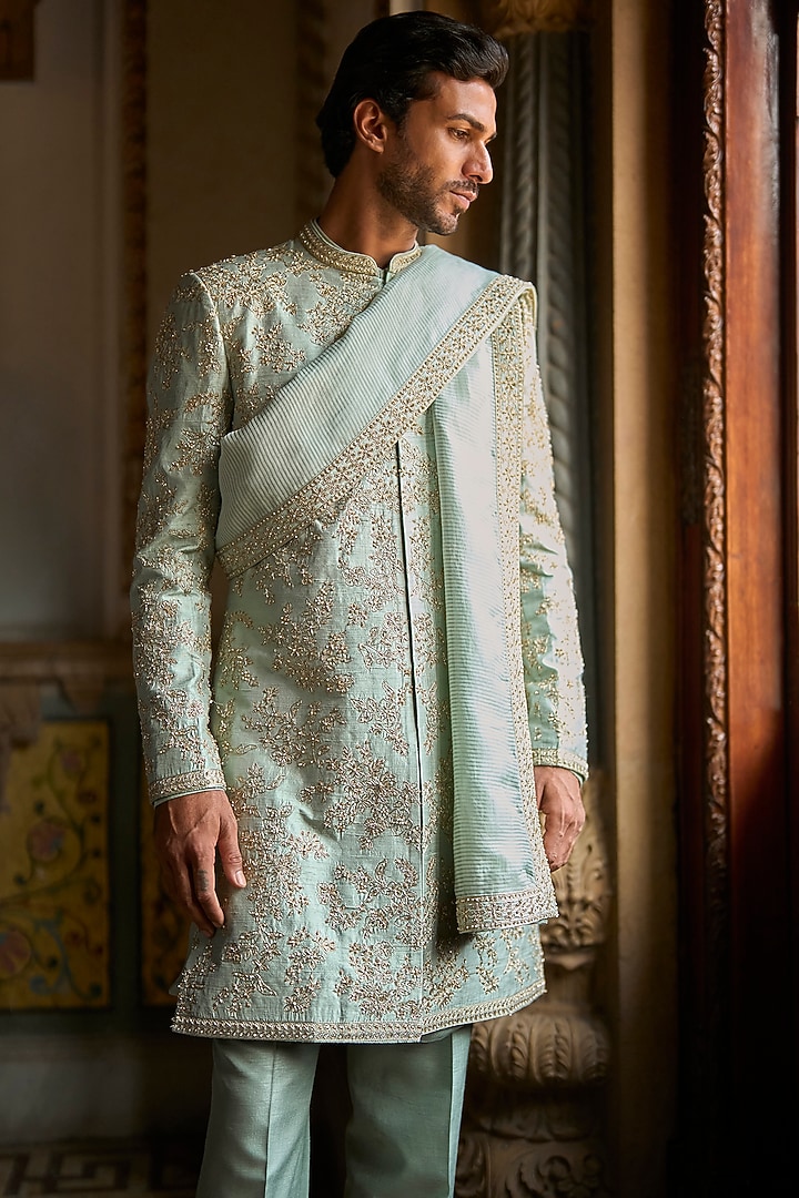Sage Green Raw Silk Sequins Embroidered Groom Sherwani Set by Seema Gujral Men at Pernia's Pop Up Shop