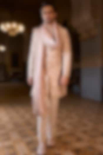 Powder Peach Raw Silk Sequins Embroidered Groom Sherwani Set by Seema Gujral Men at Pernia's Pop Up Shop