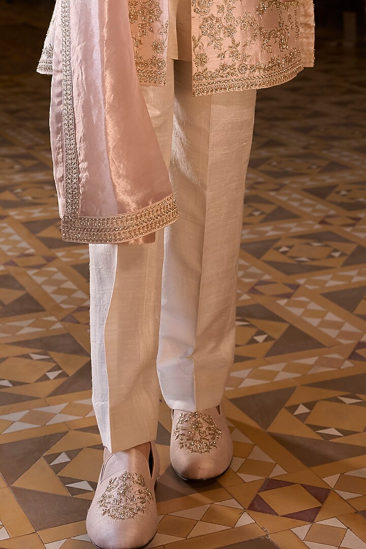 Powder Peach Raw Silk Sequins Embroidered Groom Sherwani Set by Seema Gujral Men at Pernia's Pop Up Shop