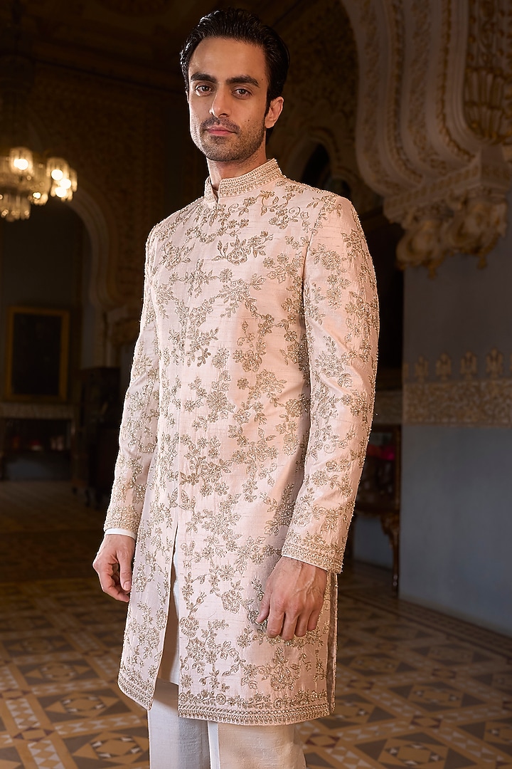 Powder Peach Raw Silk Sequins Embroidered Groom Sherwani Set by Seema Gujral Men at Pernia's Pop Up Shop