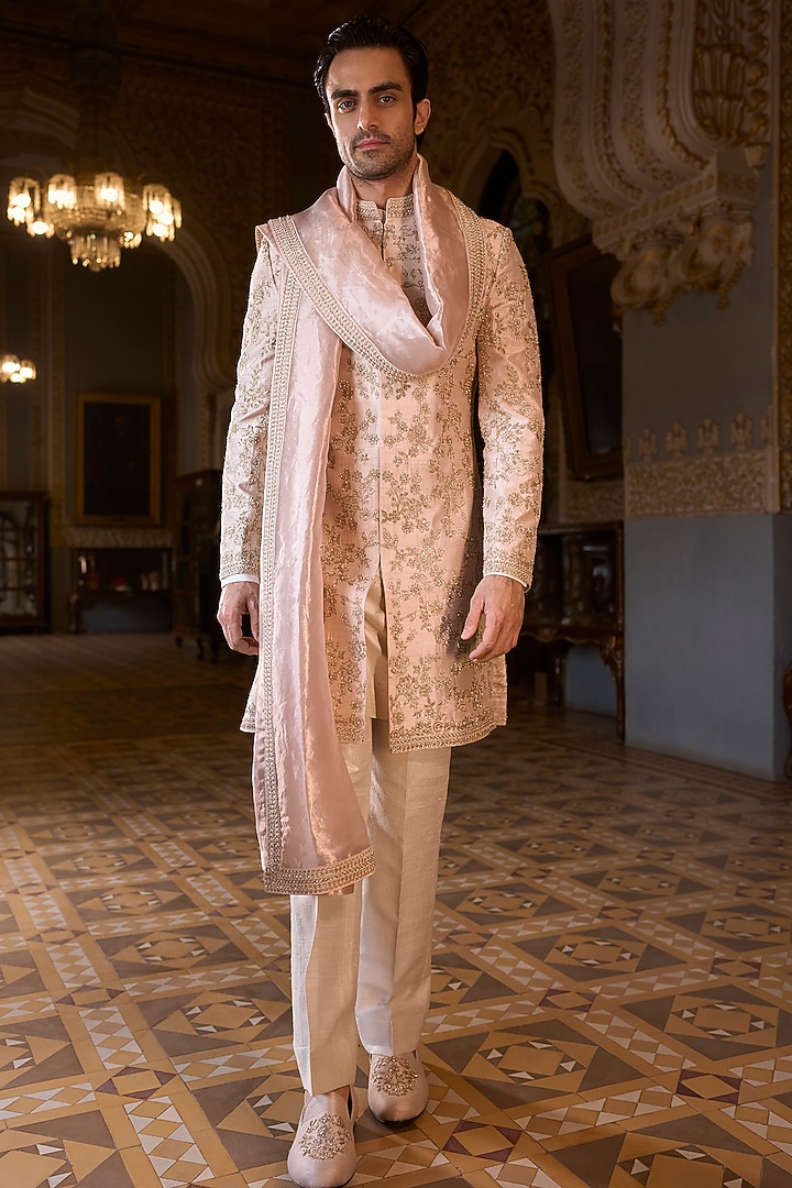 Powder Peach Raw Silk Sequins Embroidered Groom Sherwani Set by Seema Gujral Men at Pernia's Pop Up Shop