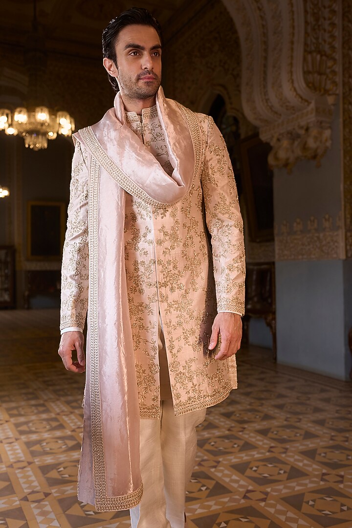 Powder Peach Raw Silk Sequins Embroidered Groom Sherwani Set by Seema Gujral Men at Pernia's Pop Up Shop