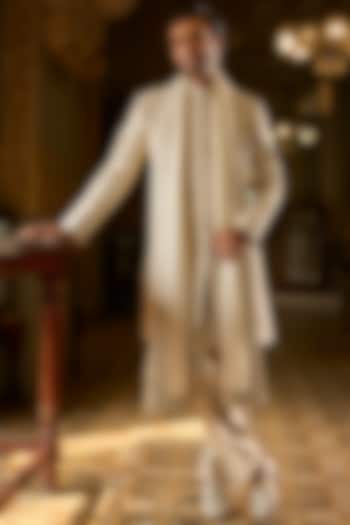 Nude Raw Silk Pearl Embroidered Groom Sherwani Set by Seema Gujral Men at Pernia's Pop Up Shop