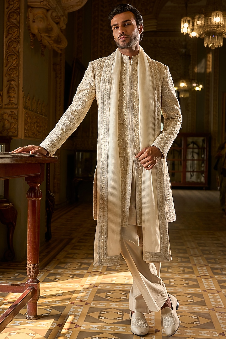Nude Raw Silk Pearl Embroidered Groom Sherwani Set by Seema Gujral Men at Pernia's Pop Up Shop