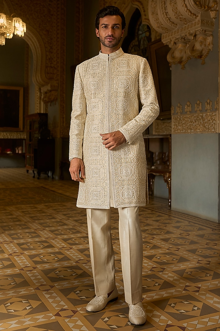 Nude Raw Silk Pearl Embroidered Groom Sherwani Set by Seema Gujral Men at Pernia's Pop Up Shop