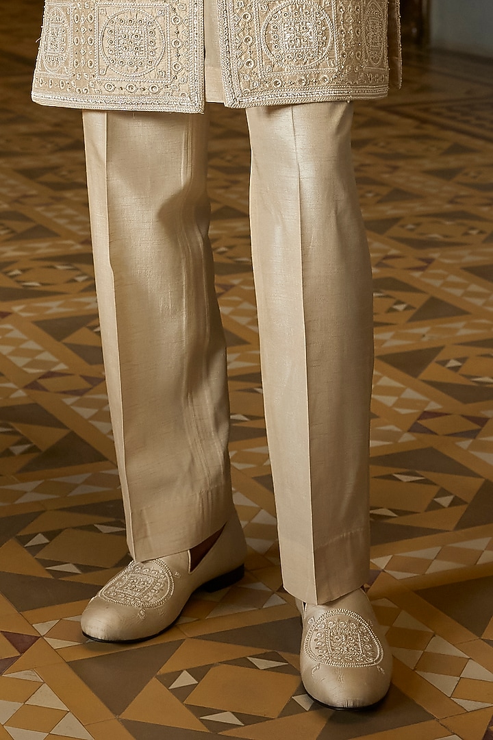 Nude Raw Silk Pearl Embroidered Groom Sherwani Set by Seema Gujral Men at Pernia's Pop Up Shop
