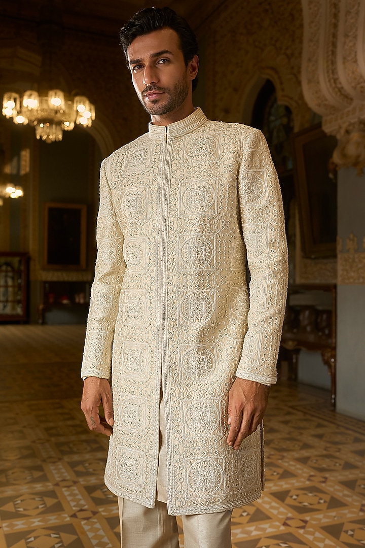 Nude Raw Silk Pearl Embroidered Groom Sherwani Set by Seema Gujral Men at Pernia's Pop Up Shop