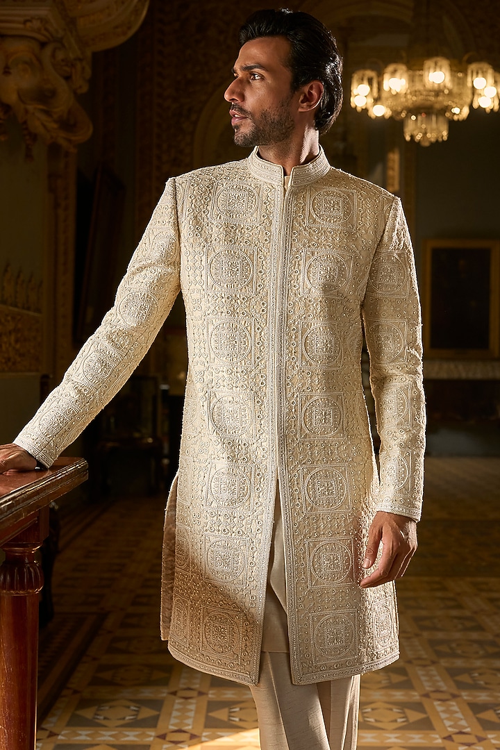 Nude Raw Silk Pearl Embroidered Groom Sherwani Set by Seema Gujral Men at Pernia's Pop Up Shop