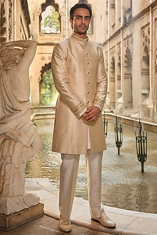 Light Beige Raw Silk Dori Embroidered Sherwani Set by Seema Gujral Men