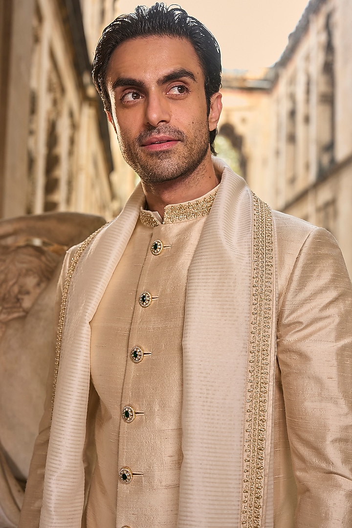 Light Beige Raw Silk Dori Embroidered Groom Sherwani Set by Seema Gujral Men at Pernia's Pop Up Shop