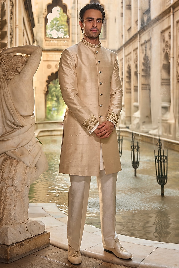 Light Beige Raw Silk Dori Embroidered Groom Sherwani Set by Seema Gujral Men at Pernia's Pop Up Shop