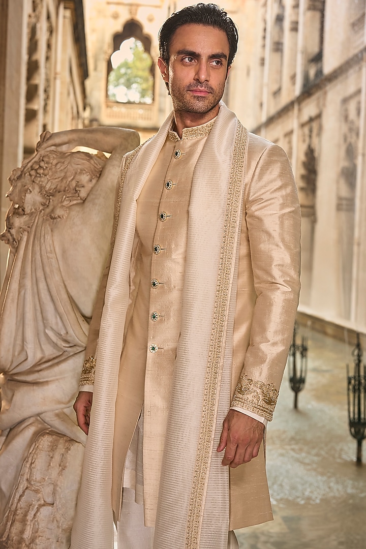 Light Beige Raw Silk Dori Embroidered Groom Sherwani Set by Seema Gujral Men at Pernia's Pop Up Shop