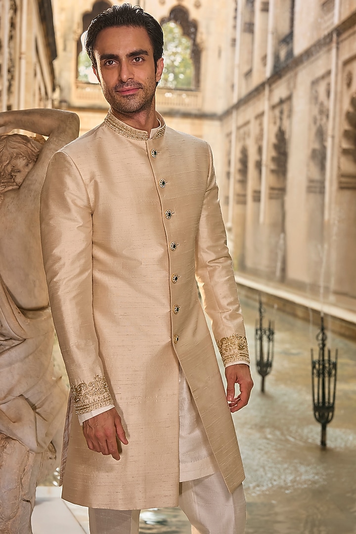 Light Beige Raw Silk Dori Embroidered Groom Sherwani Set by Seema Gujral Men at Pernia's Pop Up Shop
