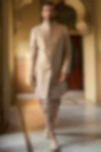 Coffee-Gold Raw Silk Bead Embroidered Groom Sherwani Set by Seema Gujral Men at Pernia's Pop Up Shop