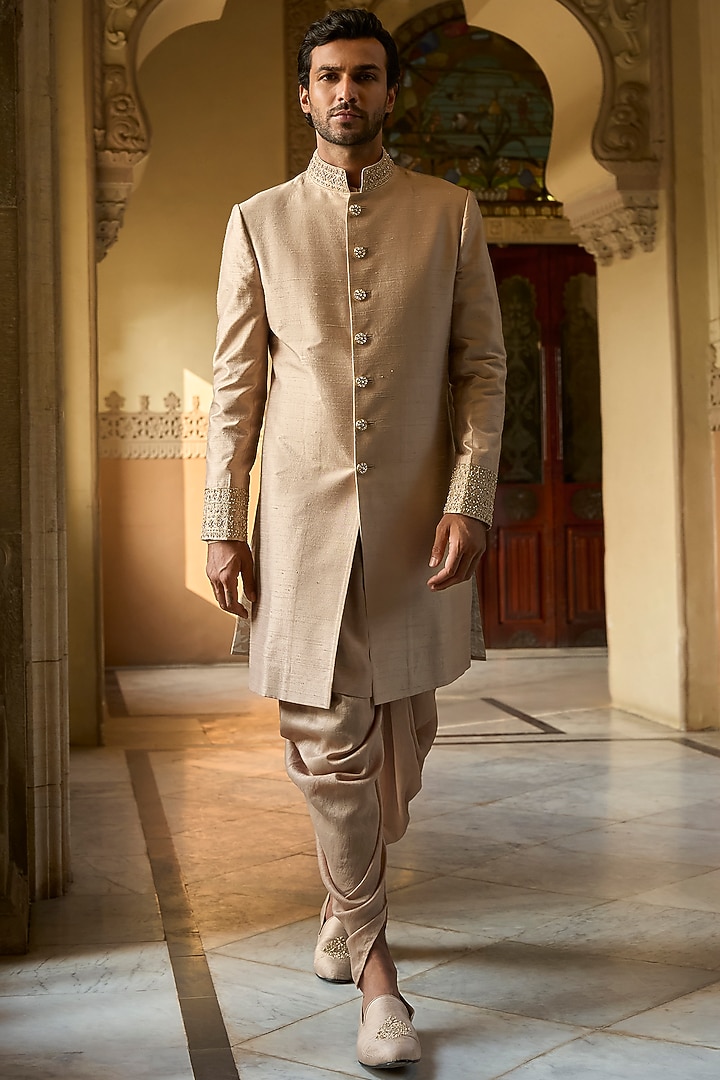 Coffee-Gold Raw Silk Bead Embroidered Groom Sherwani Set by Seema Gujral Men at Pernia's Pop Up Shop