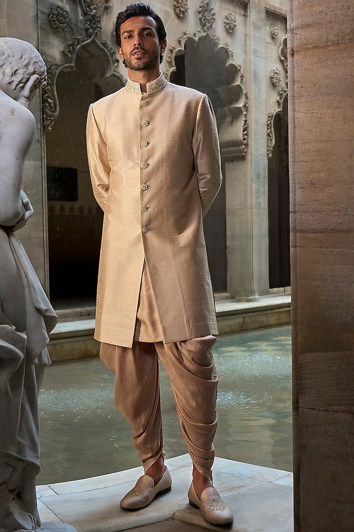 Coffee-Gold Raw Silk Bead Embroidered Groom Sherwani Set by Seema Gujral Men at Pernia's Pop Up Shop
