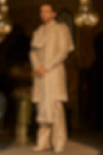 Champagne Gold Raw Silk Bead Embroidered Groom Sherwani Set by Seema Gujral Men at Pernia's Pop Up Shop