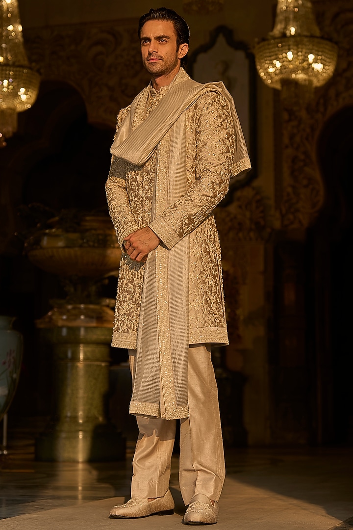 Champagne Gold Raw Silk Bead Embroidered Groom Sherwani Set by Seema Gujral Men at Pernia's Pop Up Shop