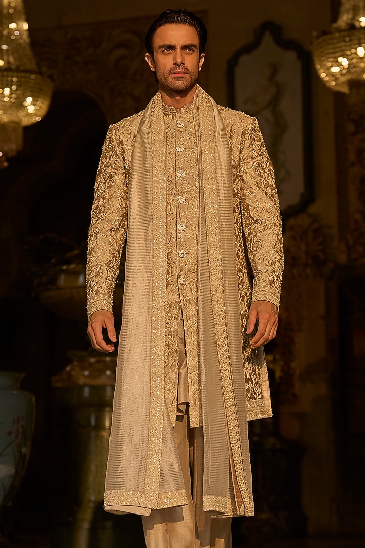 Champagne Gold Raw Silk Bead Embroidered Groom Sherwani Set by Seema Gujral Men at Pernia's Pop Up Shop