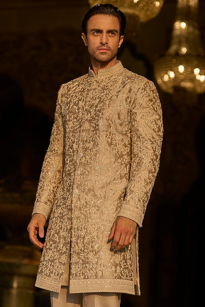 Champagne Gold Raw Silk Bead Embroidered Groom Sherwani Set by Seema Gujral Men at Pernia's Pop Up Shop