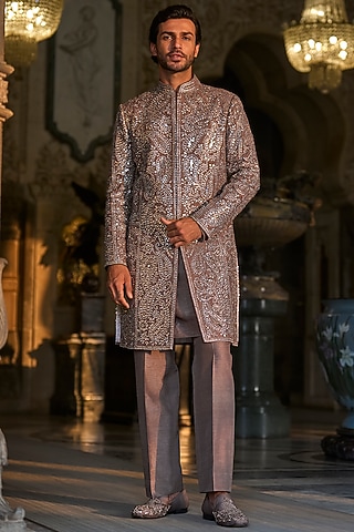 Stone Grey Raw Silk Mirror Work Sherwani Set by Seema Gujral Men