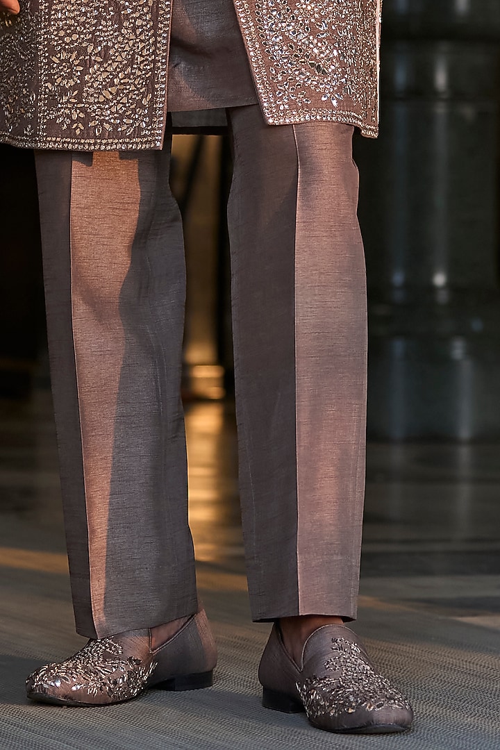 Stone Grey Raw Silk Mirror Work Groom Sherwani Set by Seema Gujral Men at Pernia's Pop Up Shop