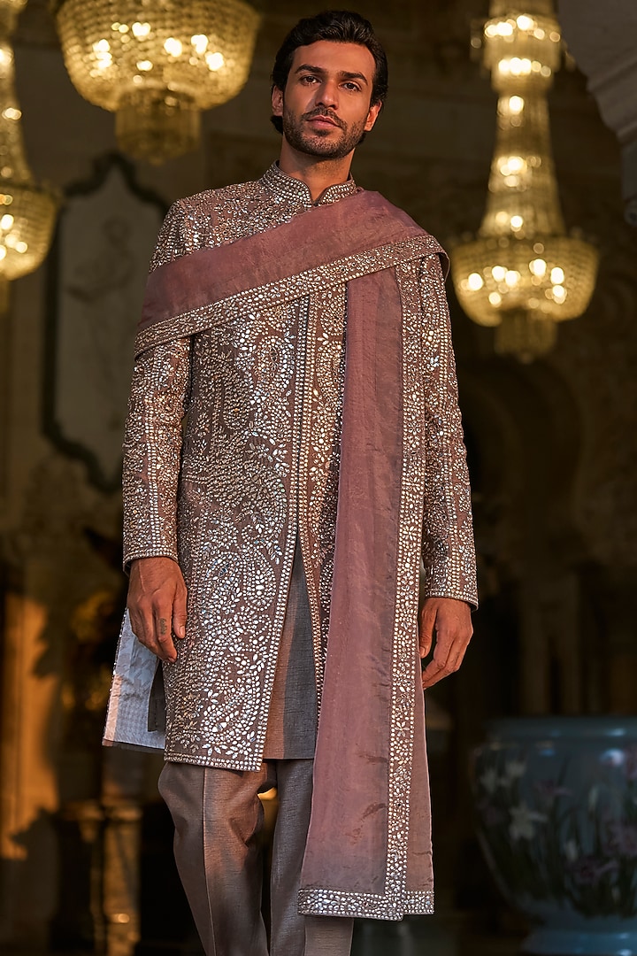 Stone Grey Raw Silk Mirror Work Groom Sherwani Set by Seema Gujral Men at Pernia's Pop Up Shop