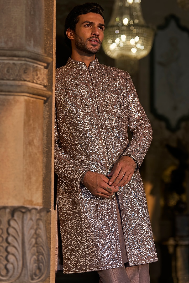 Stone Grey Raw Silk Mirror Work Groom Sherwani Set by Seema Gujral Men at Pernia's Pop Up Shop