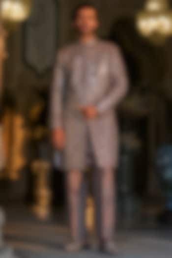 Stone Grey Raw Silk Mirror Work Groom Sherwani Set by Seema Gujral Men at Pernia's Pop Up Shop