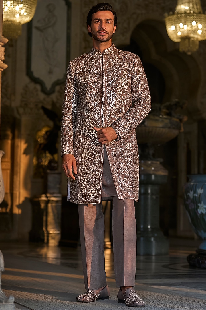 Stone Grey Raw Silk Mirror Work Groom Sherwani Set by Seema Gujral Men at Pernia's Pop Up Shop