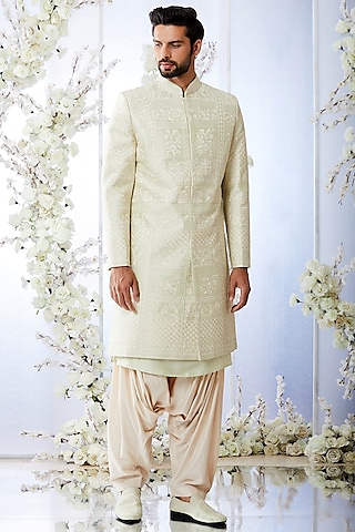 Mint Raw Silk Machine Embroidered Sherwani Set by Seema Gujral Men