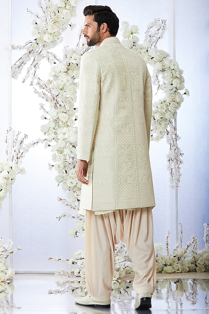 Mint Raw Silk Machine Embroidered Groom Sherwani Set by Seema Gujral Men at Pernia's Pop Up Shop