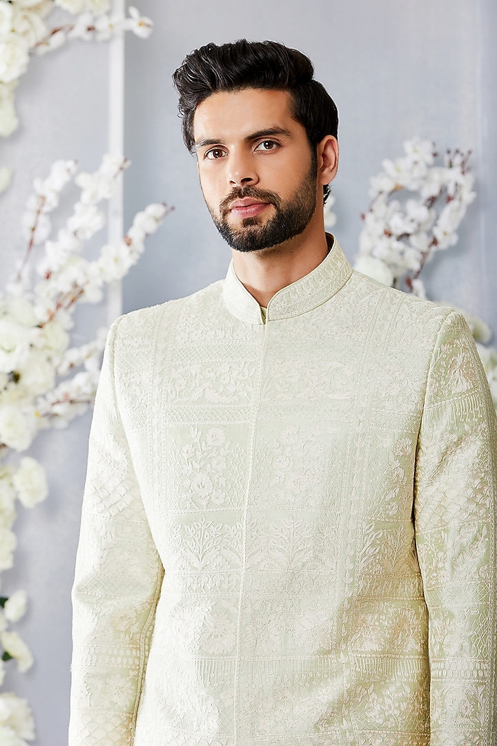 Mint Raw Silk Machine Embroidered Groom Sherwani Set by Seema Gujral Men at Pernia's Pop Up Shop