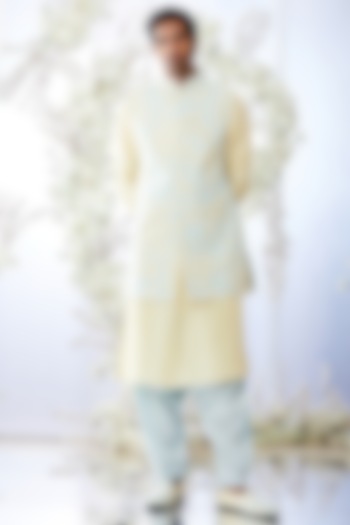 Aqua Embroidered Nehru Jacket With Kurta Set by Seema Gujral Men
