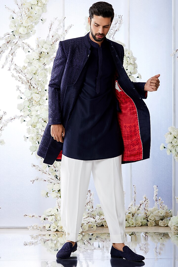 Midnight Blue Embroidered Groom Sherwani Set by Seema Gujral Men at Pernia's Pop Up Shop