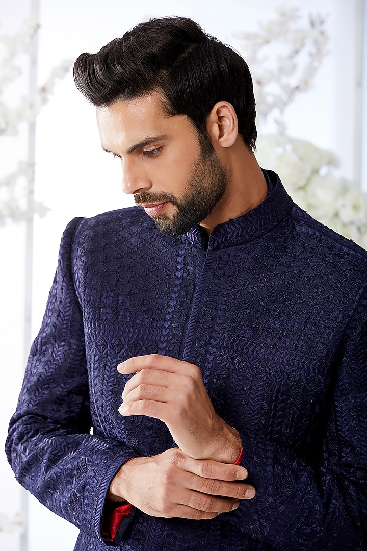 Midnight Blue Embroidered Groom Sherwani Set by Seema Gujral Men at Pernia's Pop Up Shop