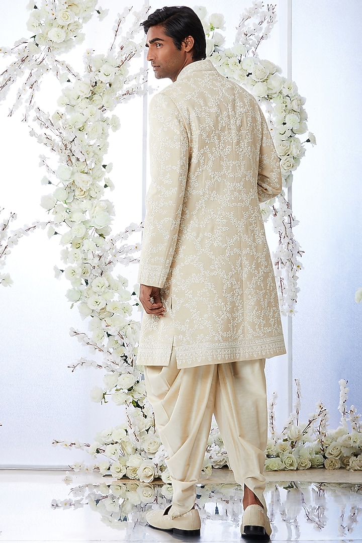 Powder Beige Embroidered Groom Sherwani Set by Seema Gujral Men at Pernia's Pop Up Shop
