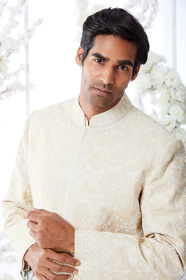Powder Beige Embroidered Groom Sherwani Set by Seema Gujral Men at Pernia's Pop Up Shop