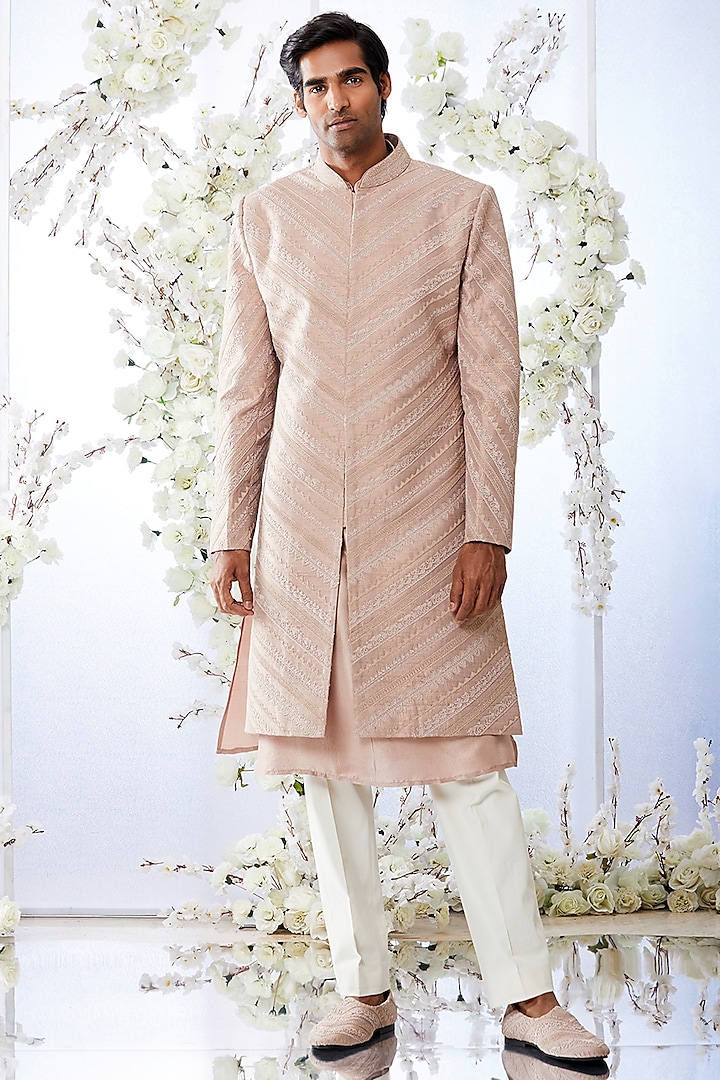 Nude Embroidered Sherwani Set by Seema Gujral Men