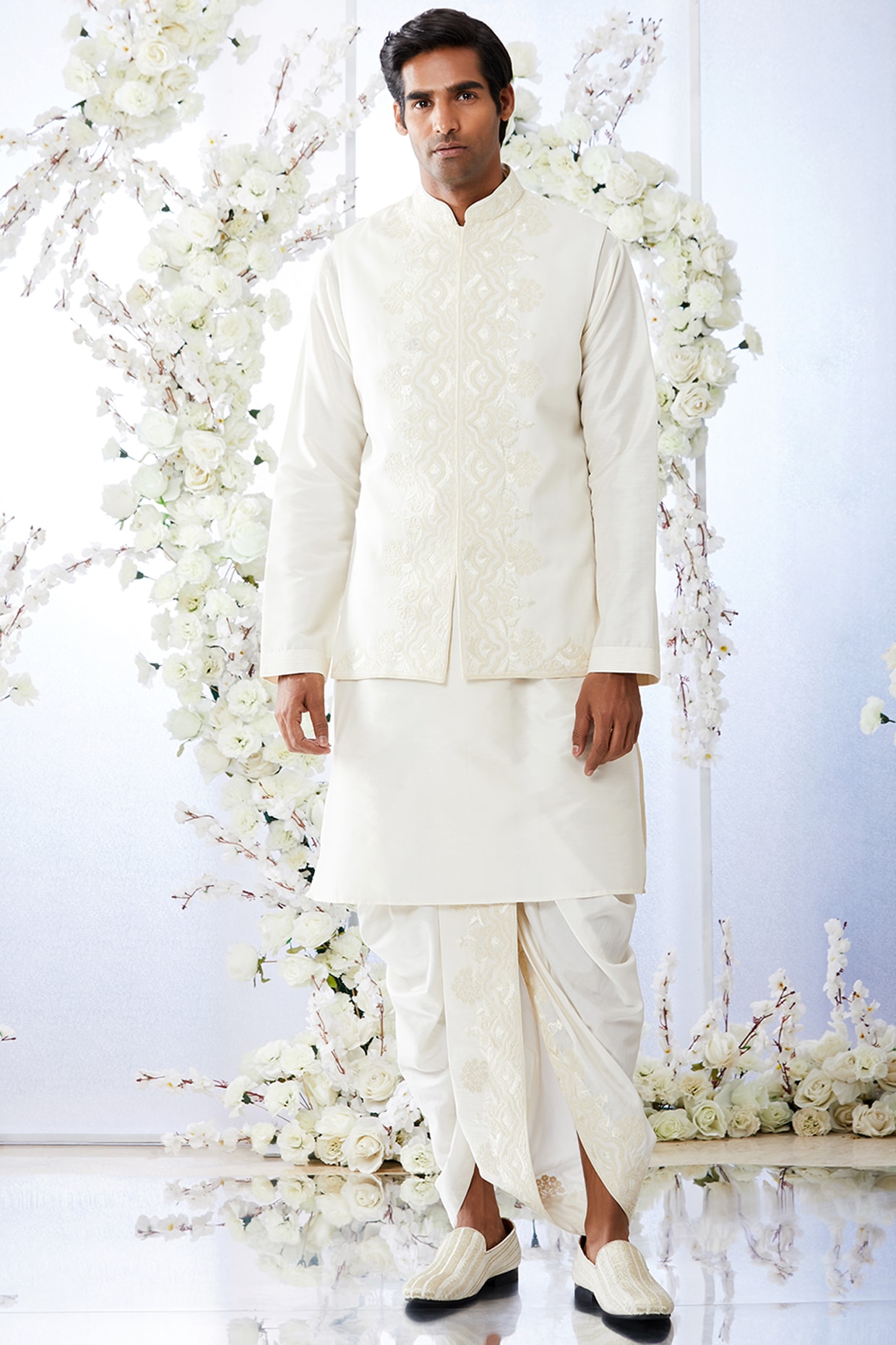 Readymade White Kurta Pajama With Printed Nehru jacket 1045MW05