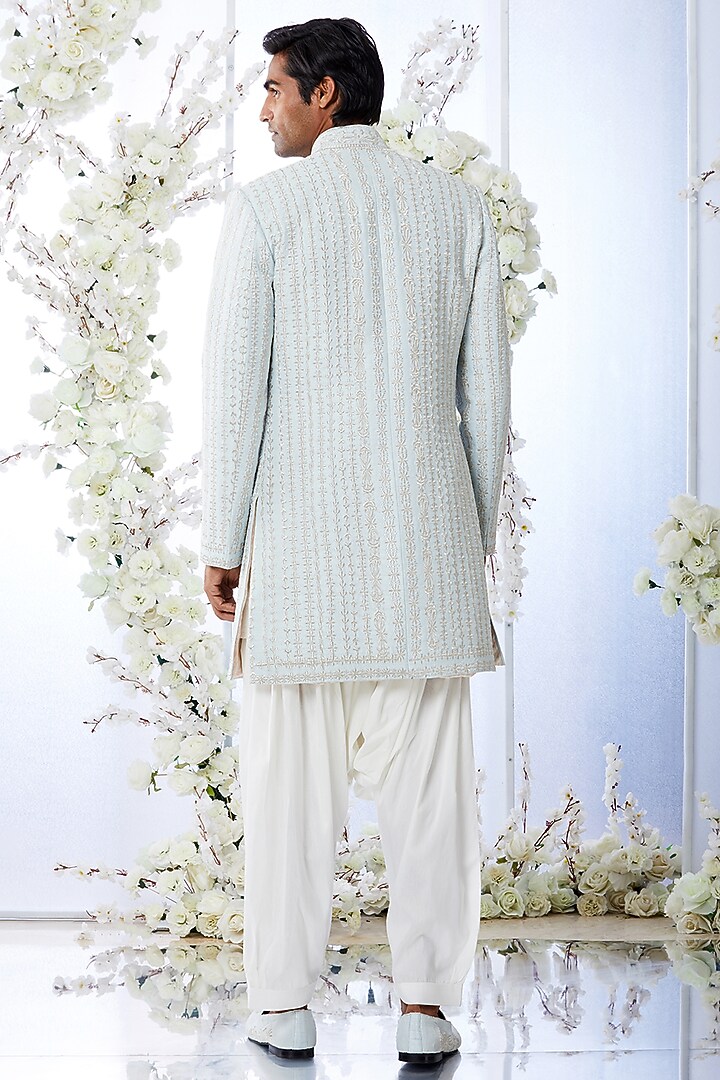 Aqua Blue Embroidered Groom Sherwani Set by Seema Gujral Men at Pernia's Pop Up Shop