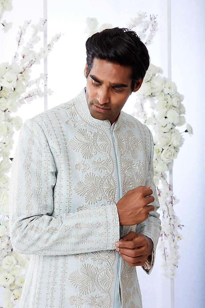 Aqua Blue Embroidered Groom Sherwani Set by Seema Gujral Men at Pernia's Pop Up Shop