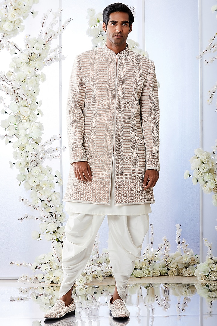 Nude Pearl Embroidered Short Sherwani Set by Seema Gujral Men