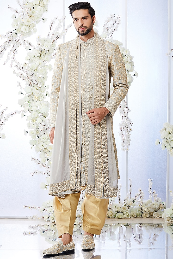 Two-Tone Grey Embroidered Sherwani Set by Seema Gujral Men